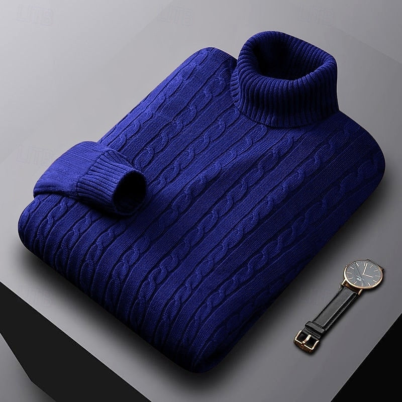 Men's Dense Cable-Knit Turtleneck Sweater with Ribbed Collar - Royal Blue