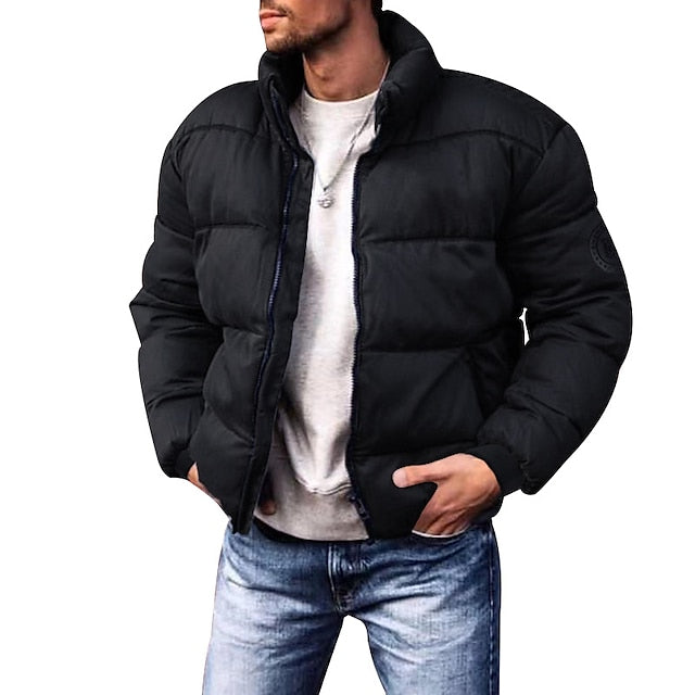Men's Stand-Collar Quilted Zip Puffer in a Short Cut - Black