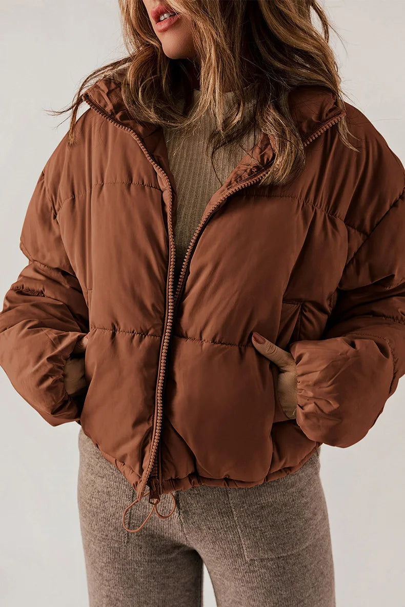 Women's Relaxed Drop-Shoulder Quilted Jacket with High Collar - Brown