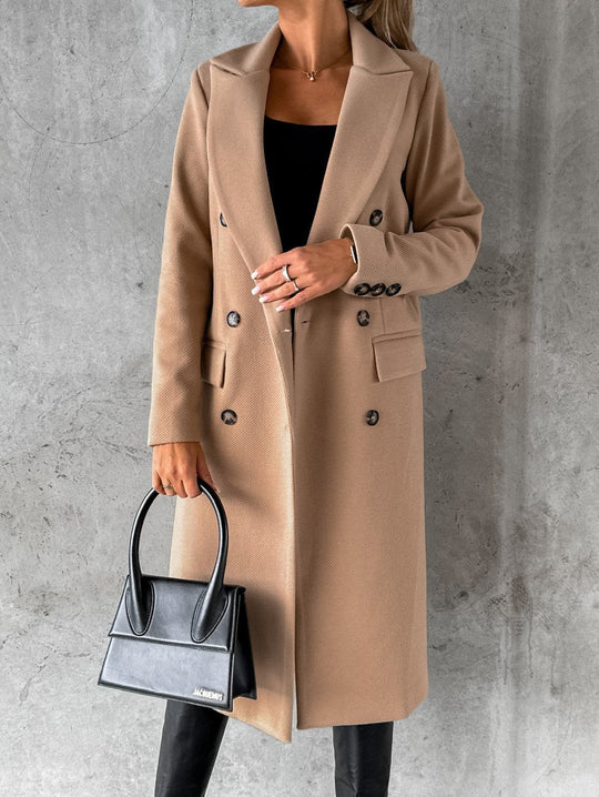 Women's Wide Notched-Lapel Long Coat with Double-Breasted Front - Brown