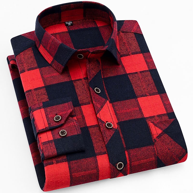Men's Plaid Shirt with Turn-Down Collar and Chest Pocket - Red