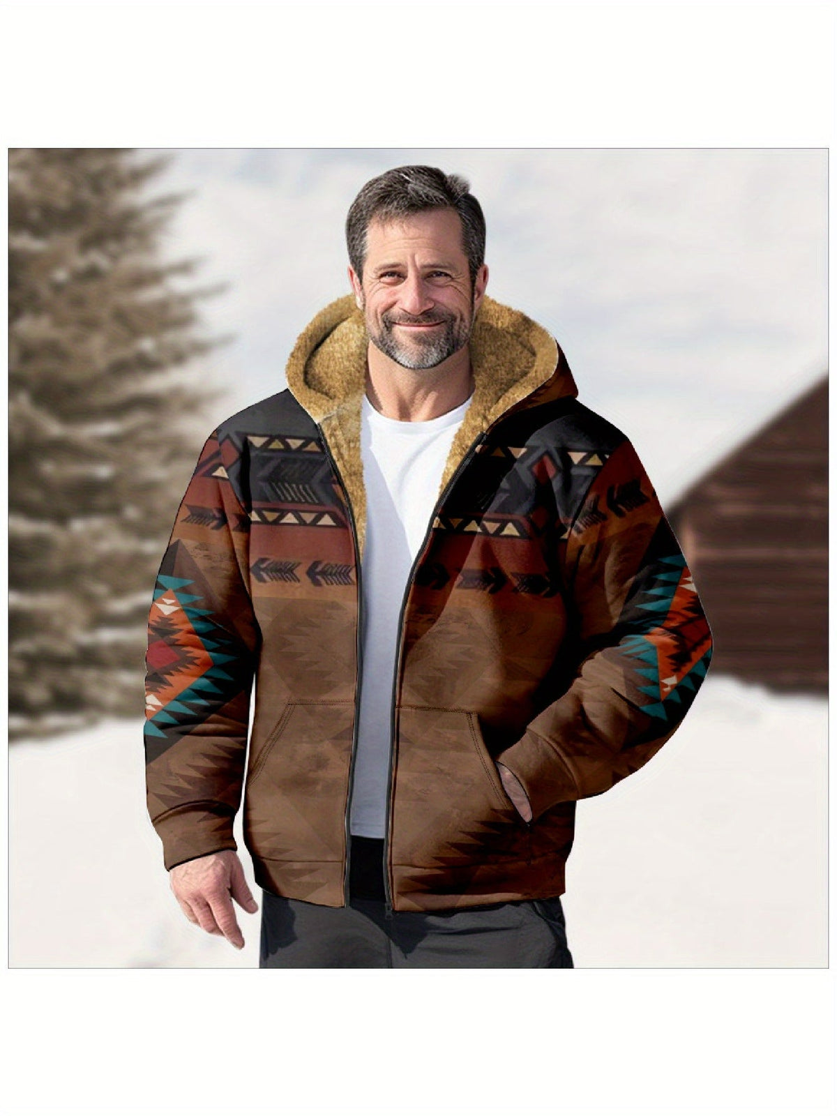 Men's Relaxed Plush-Lined Western Print Zip-Up with Hood