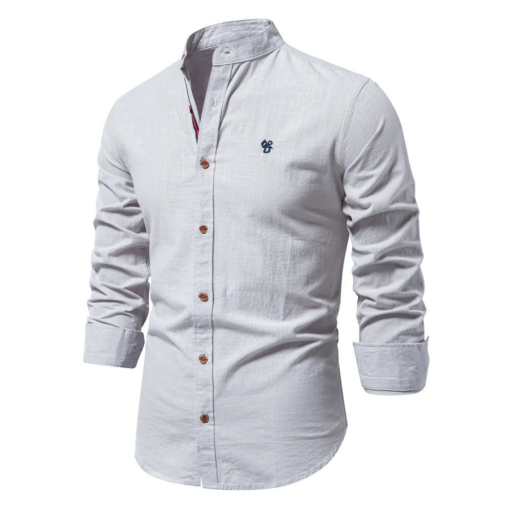Men's Loose-Cut Airy Cotton Shirt with Stand Collar - Gray