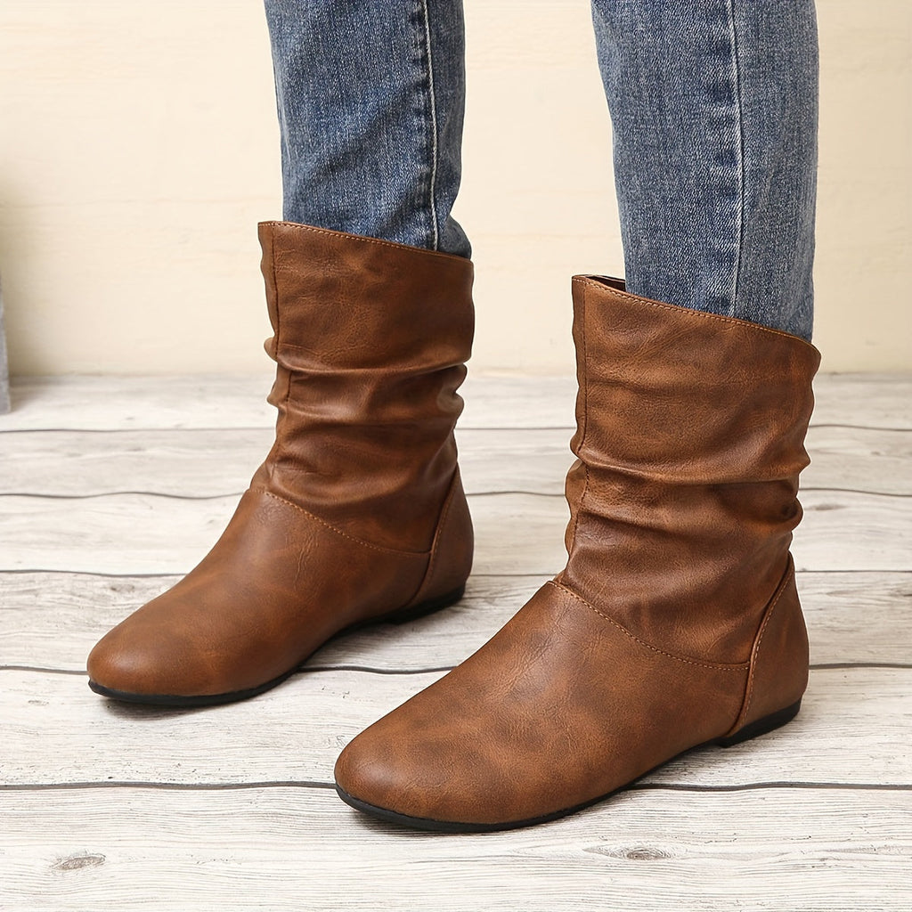 Women's Gathered-Ankle Flat Boots with Easy Slip-On Entry