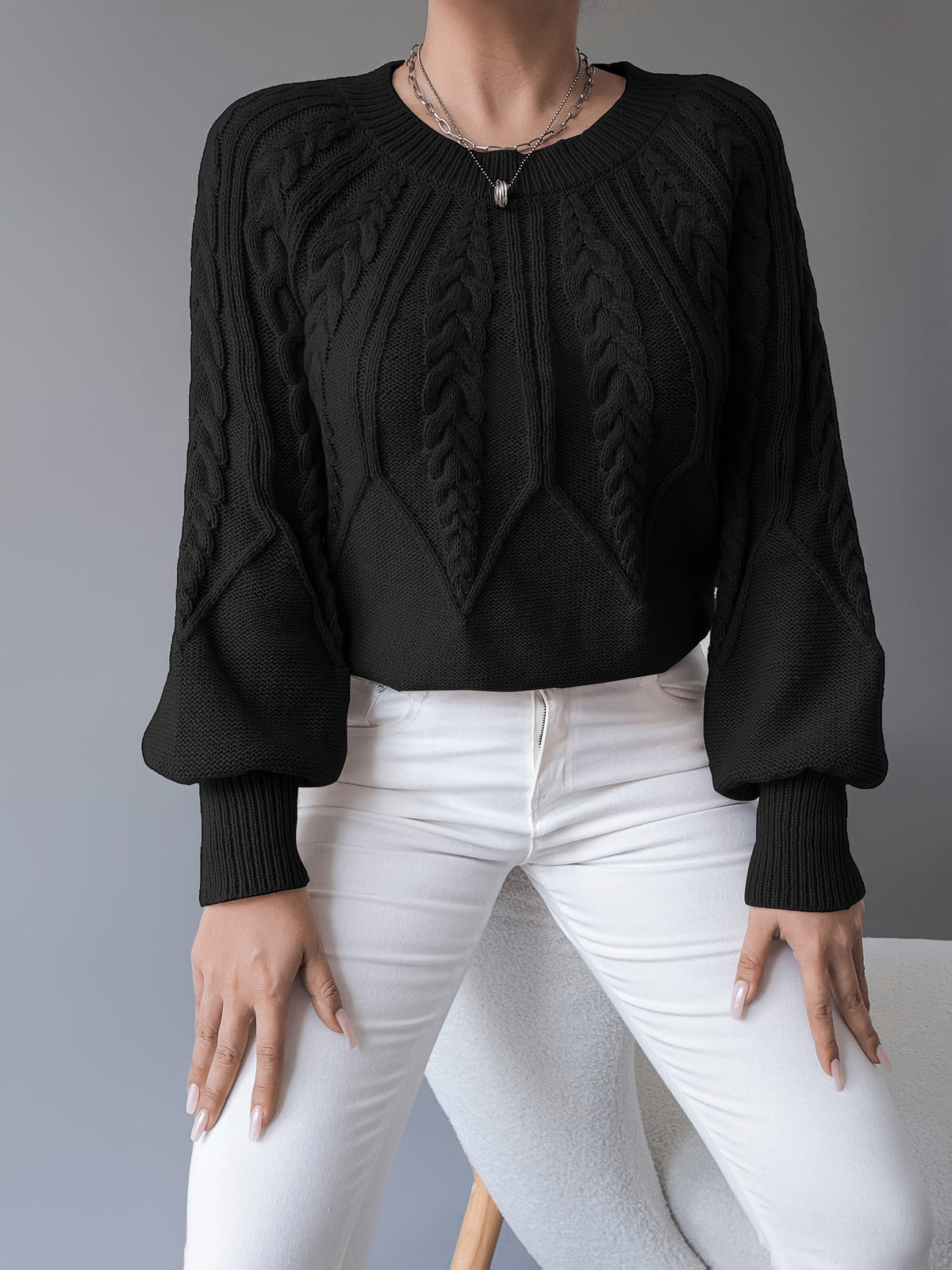 Women's Classic Cable Crew Neck Sweater with Lantern Sleeves
