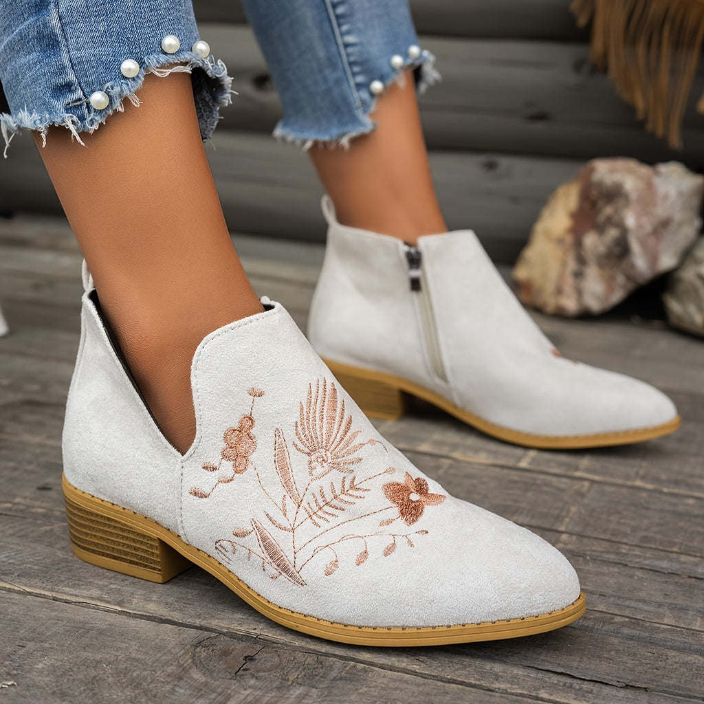 Women's Pointed Low Heel Booties with Delicate Embroidery