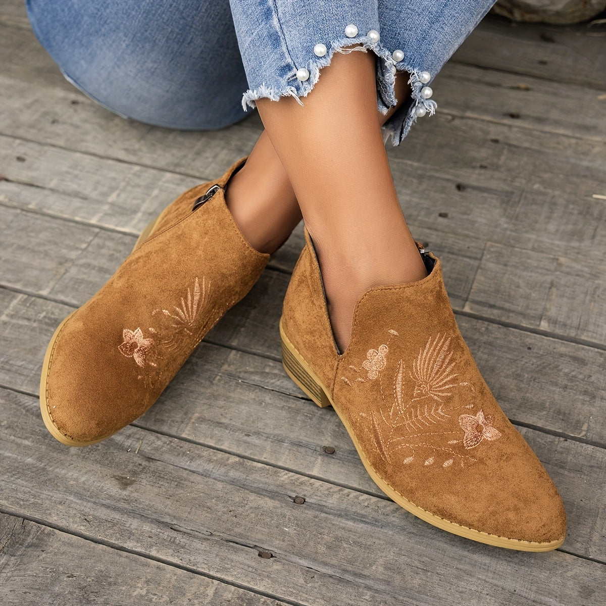 Women's Pointed Low Heel Booties with Delicate Embroidery