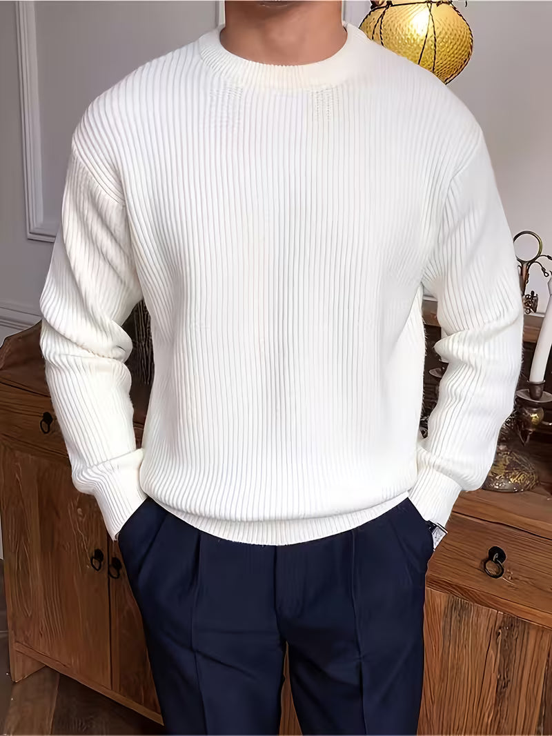 Men's Stretch Rib-Knit Long-Sleeve Sweater for Easy Layering - White