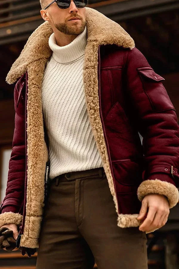 Men's Full-Zip Aviator Jacket with Oversized Collar and Buckle Cuffs - Wine Red