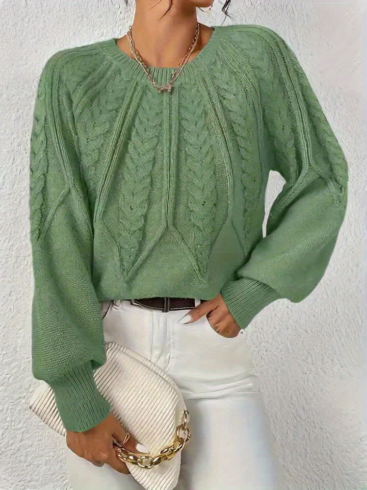 Women's Relaxed Cable-Knit Sweater with Raglan Sleeves and Ribbed Hem