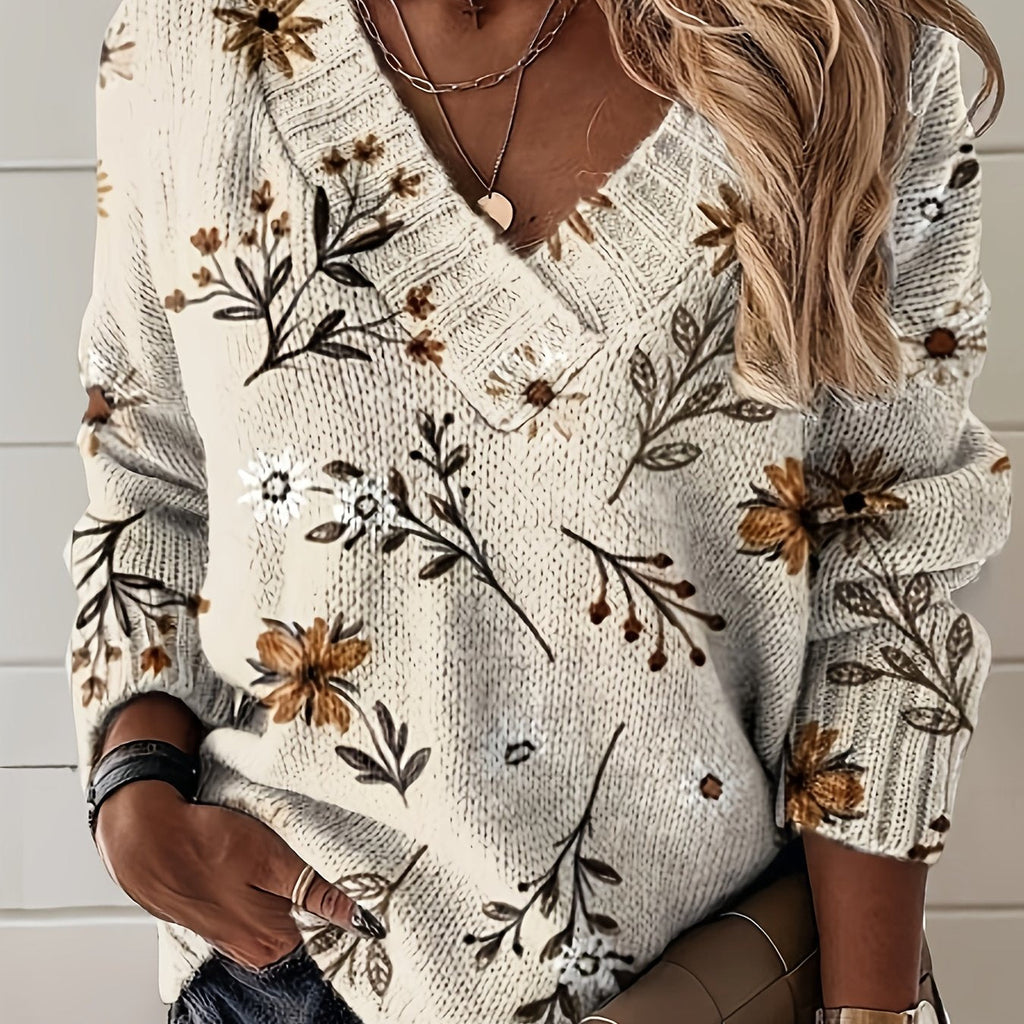 Women's Relaxed-Fit Floral V-Neck Sweater for Layering - Cream & Brown