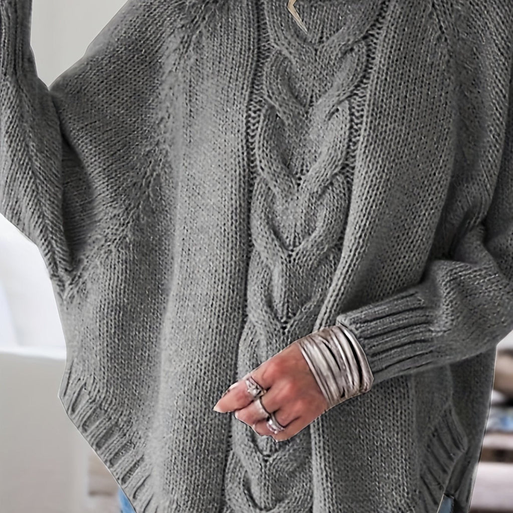 Women's Relaxed Thick Cable-Knit Sweater with Tall Neck - Dark Gray