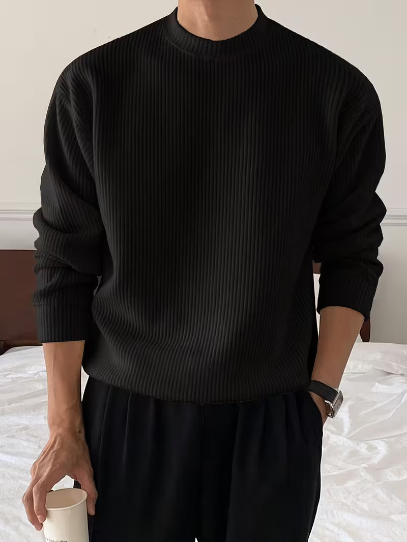Men's Stretch Rib-Knit Long-Sleeve Sweater for Easy Layering - Black