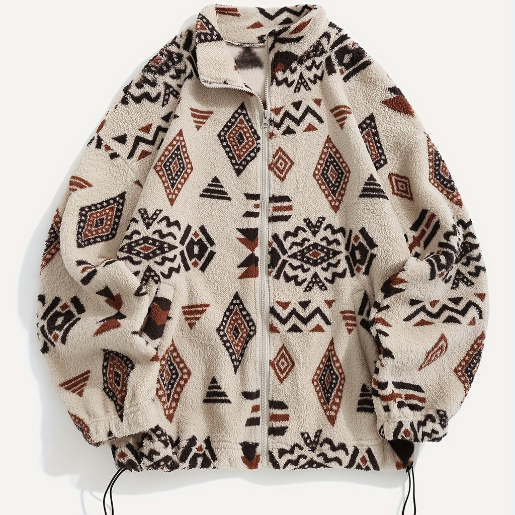 Women's Printed Plush Full-Zip Jacket with Adjustable Hem - Apricot