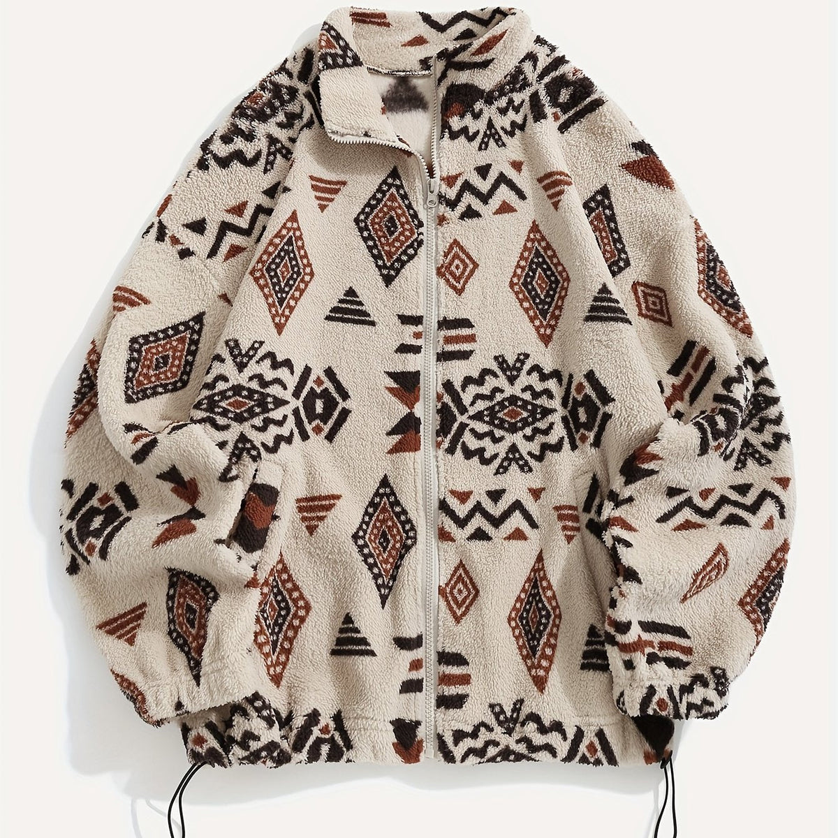 Women's Printed Plush Full-Zip Jacket with Adjustable Hem - Apricot