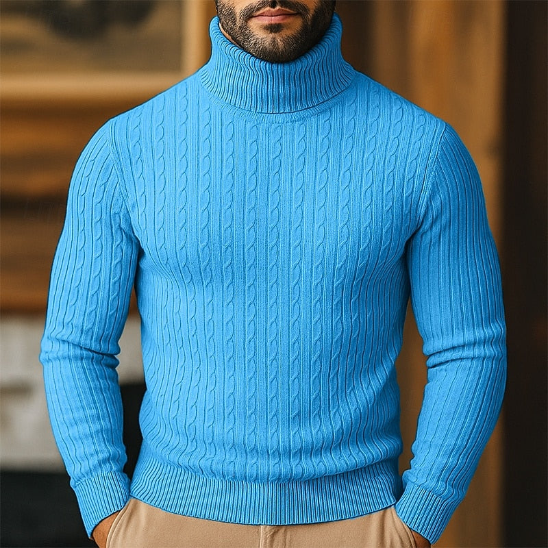 Men's Twisted-Cable Rolled-Neck Sweater in a Slim Cut - Light Blue