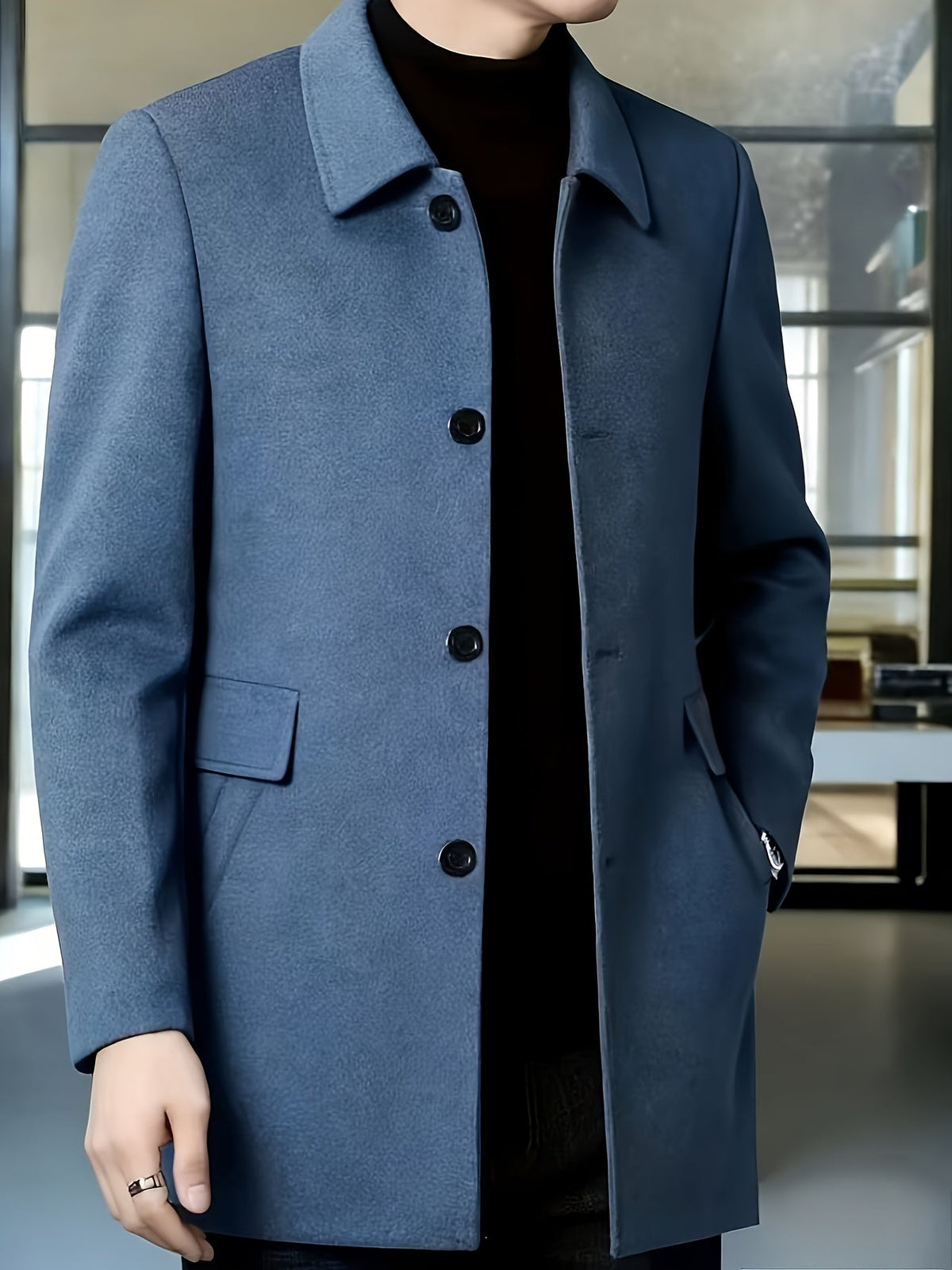 Men's Four-Button Mid-Thigh Coat with Turn-Down Collar - Blue