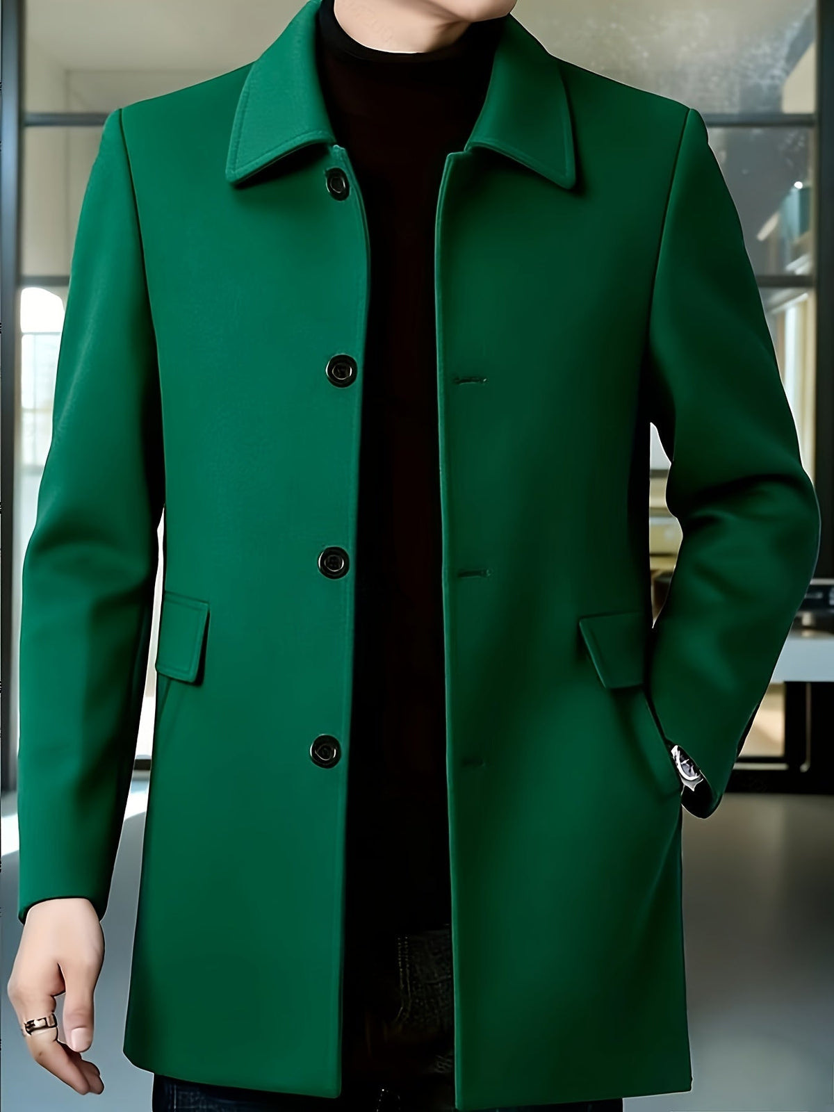 Men's Four-Button Mid-Thigh Coat with Turn-Down Collar - Green