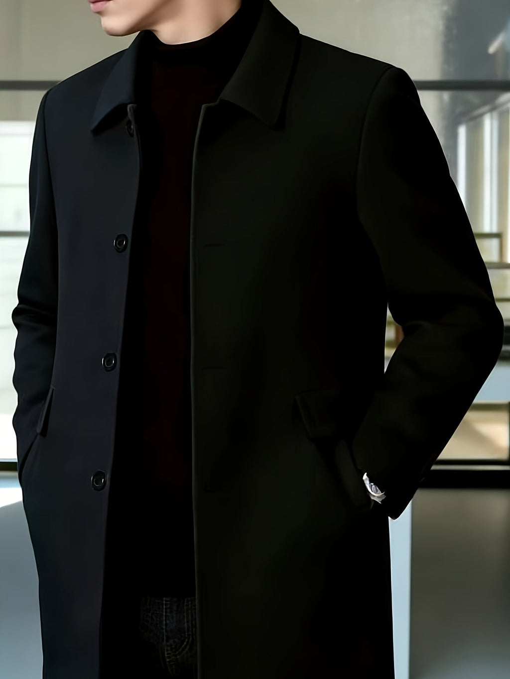 Men's Four-Button Mid-Thigh Coat with Turn-Down Collar