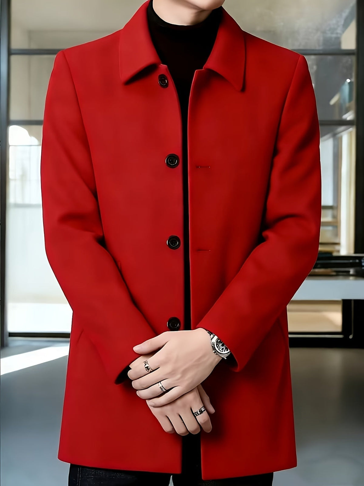 Men's Four-Button Mid-Thigh Coat with Turn-Down Collar