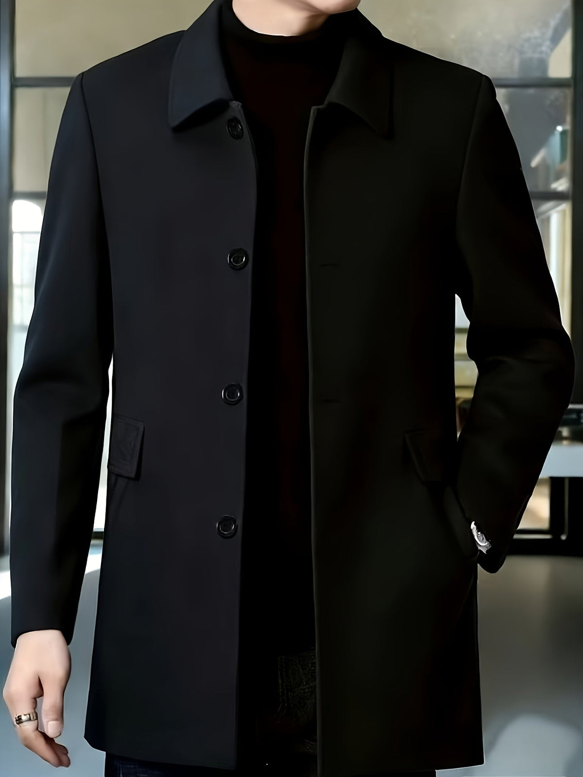 Men's Four-Button Mid-Thigh Coat with Turn-Down Collar - Black