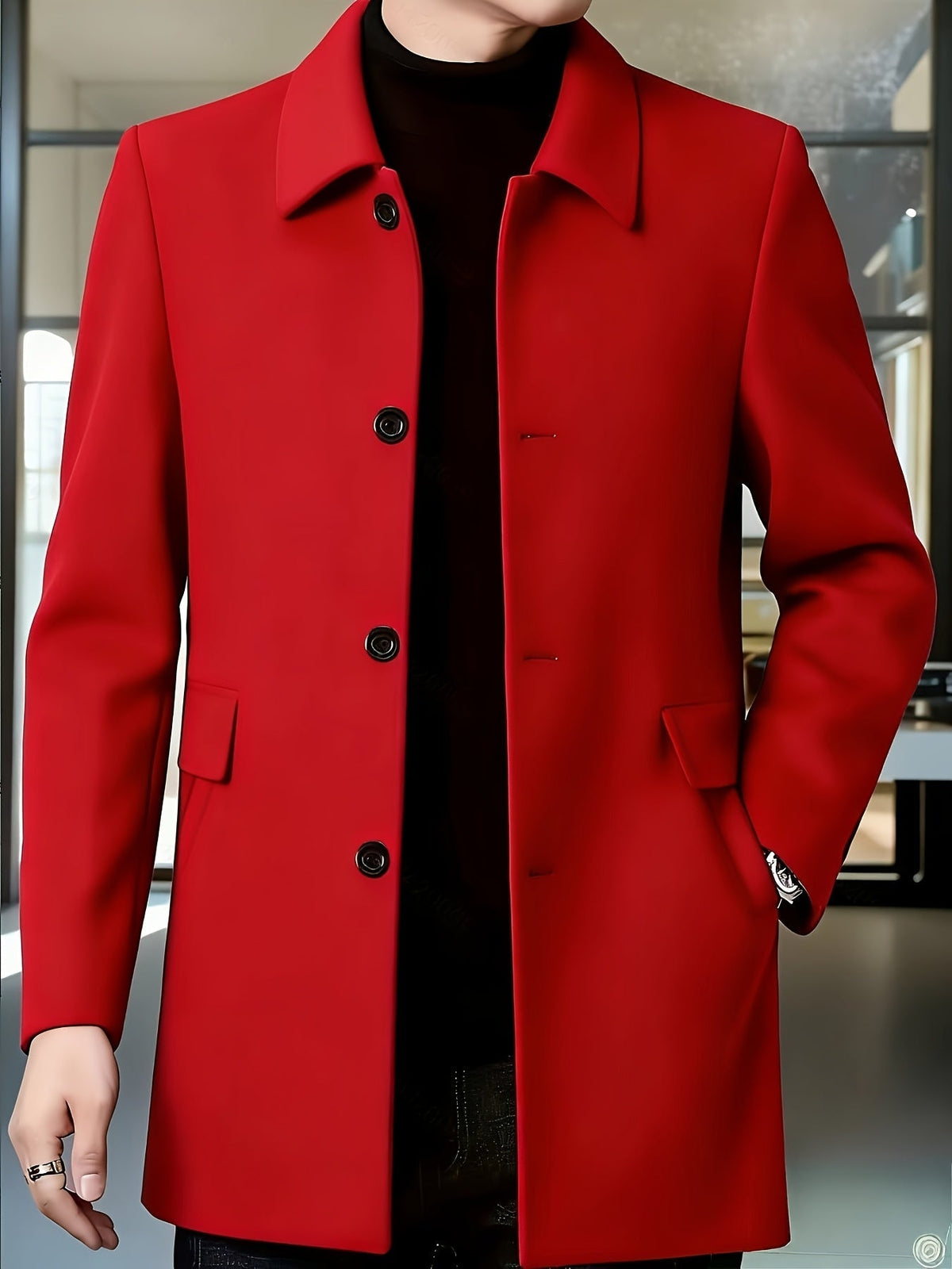 Men's Four-Button Mid-Thigh Coat with Turn-Down Collar - Red