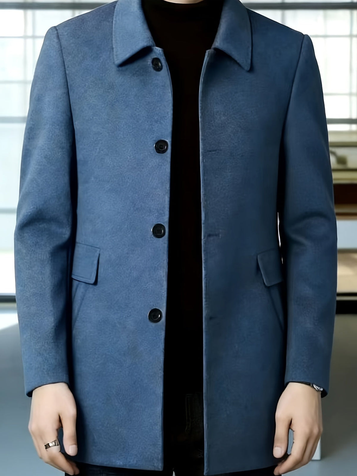 Men's Four-Button Mid-Thigh Coat with Turn-Down Collar