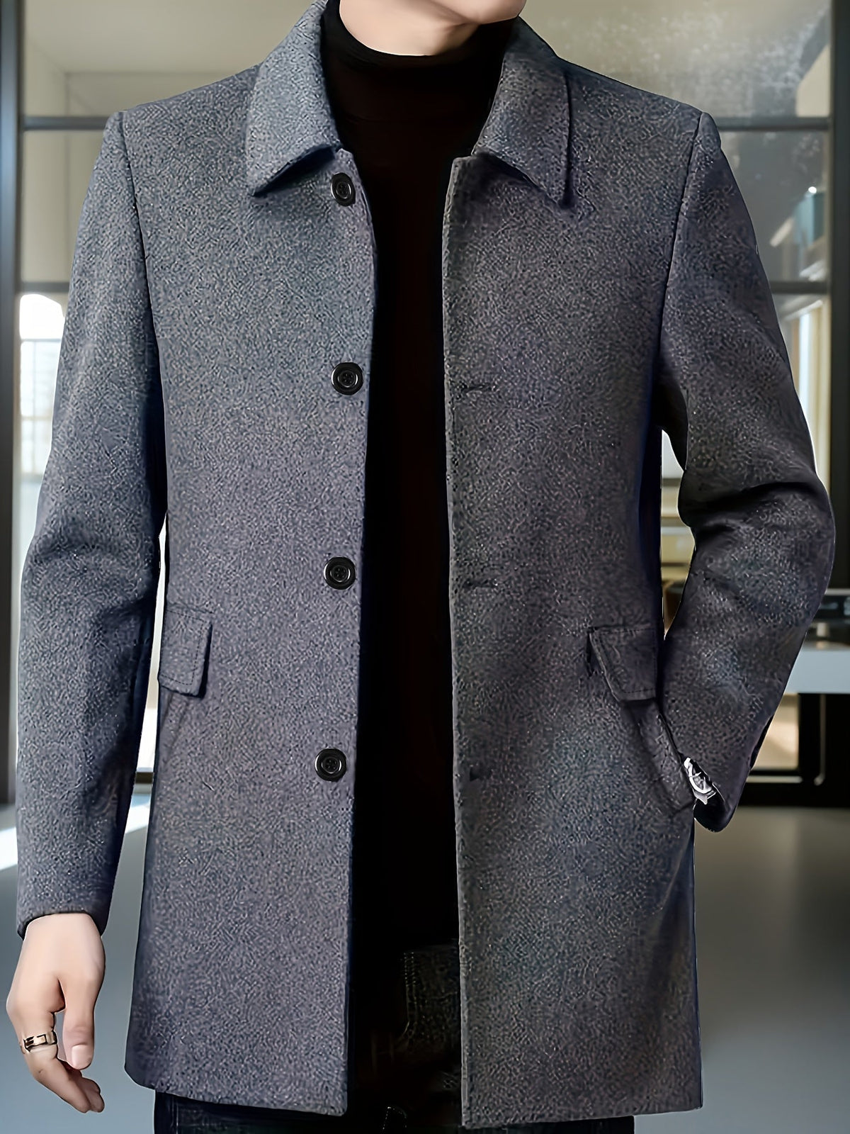 Men's Four-Button Mid-Thigh Coat with Turn-Down Collar - Gray
