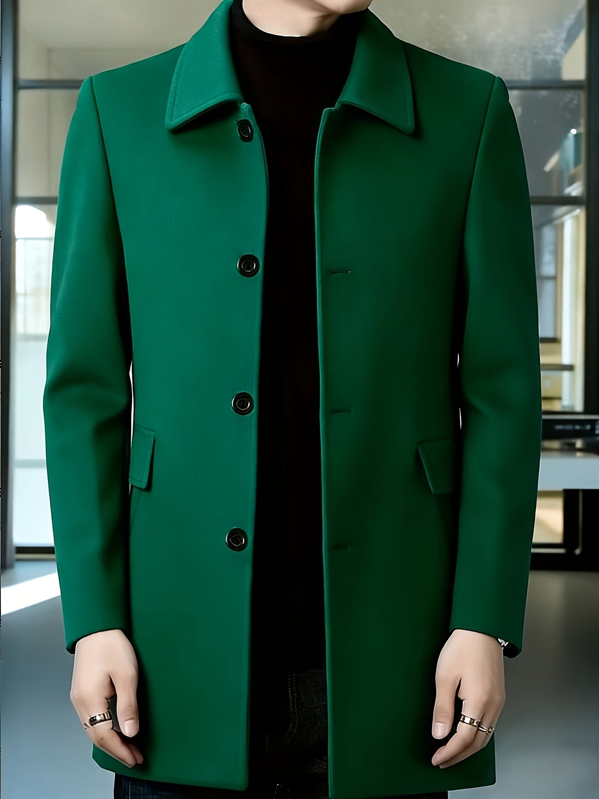 Men's Four-Button Mid-Thigh Coat with Turn-Down Collar