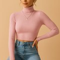 Women's Slim Folded Turtleneck Crop Sweater in Fine Rib - Pink