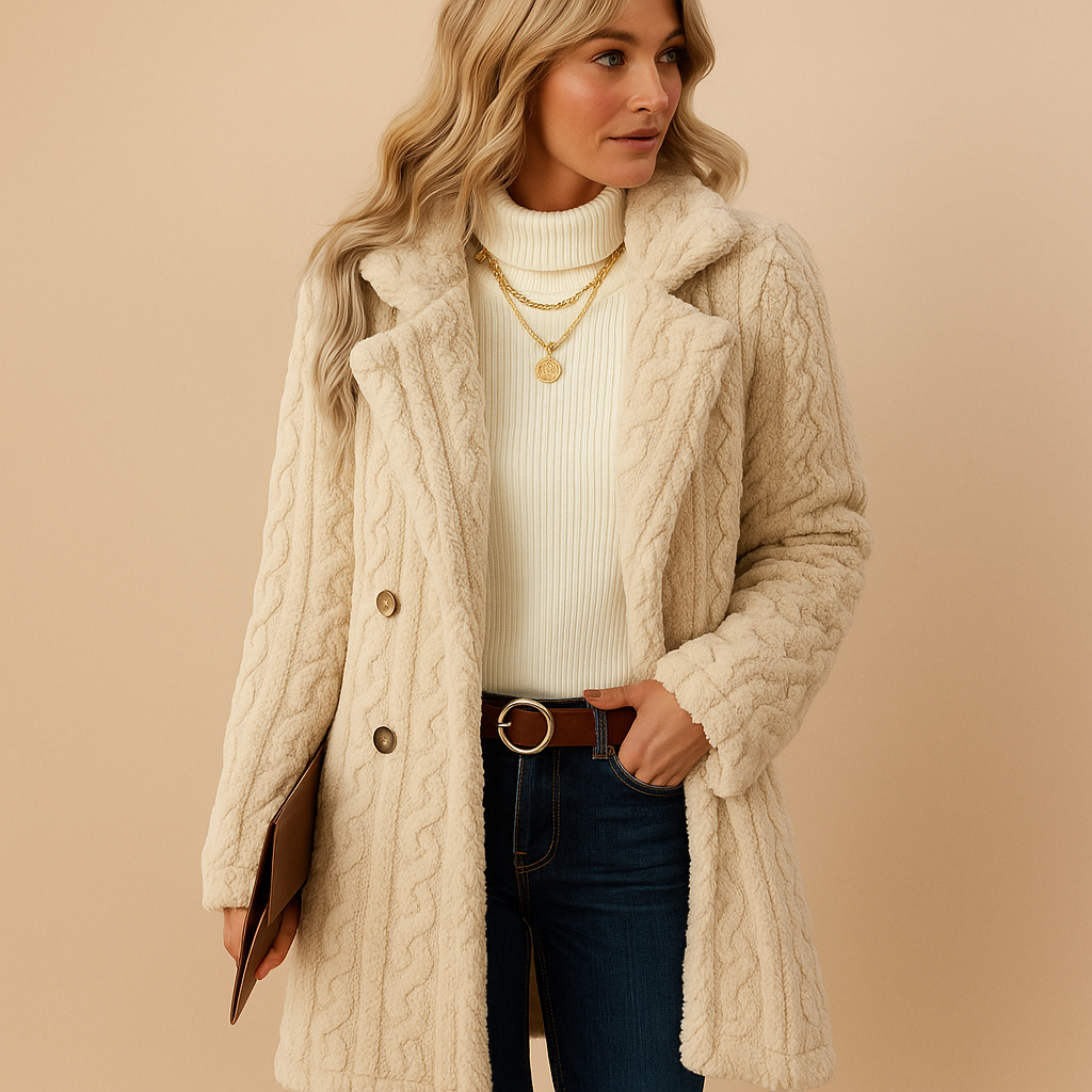 Women's Plush-Texture Longline Blazer with Double-Breasted Front - Beige