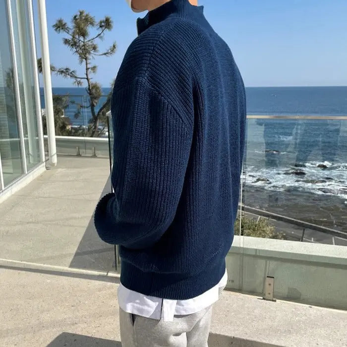 Men's Heavy Knit High-Collar Sweater for Cold Morning Walks