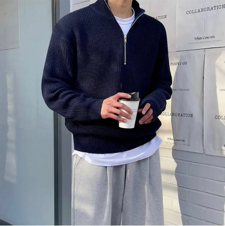 Men's Heavy Knit High-Collar Sweater for Cold Morning Walks - Dark Blue