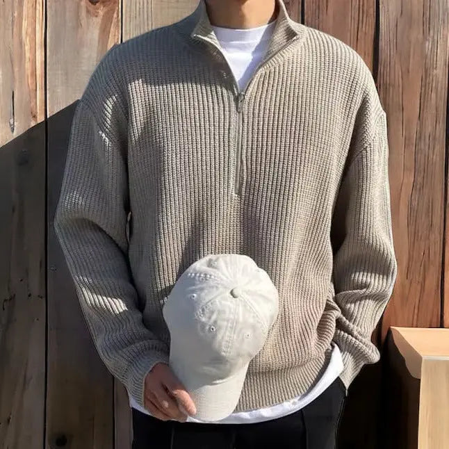 Men's Heavy Knit High-Collar Sweater for Cold Morning Walks - Gray
