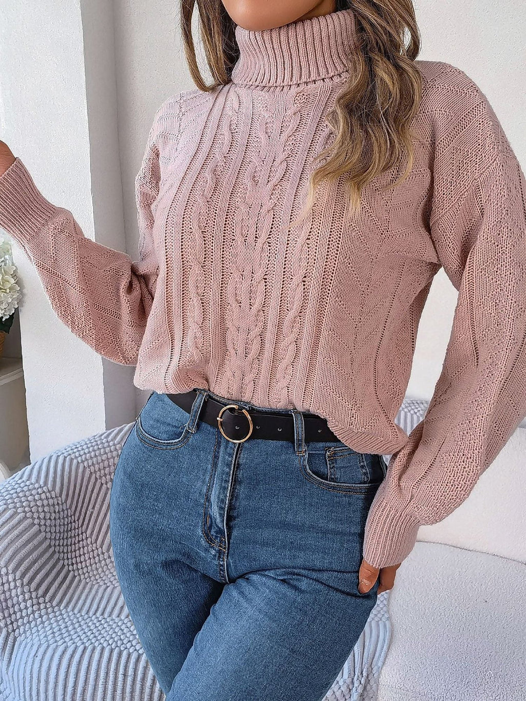 Women's Tuck-In Turtleneck Sweater with Raised Cable Detail