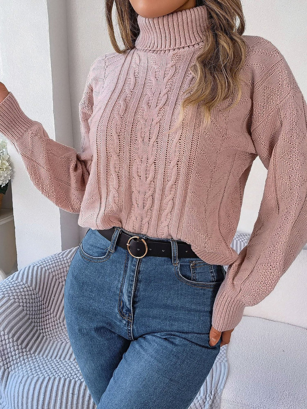 Women's Tuck-In Turtleneck Sweater with Raised Cable Detail