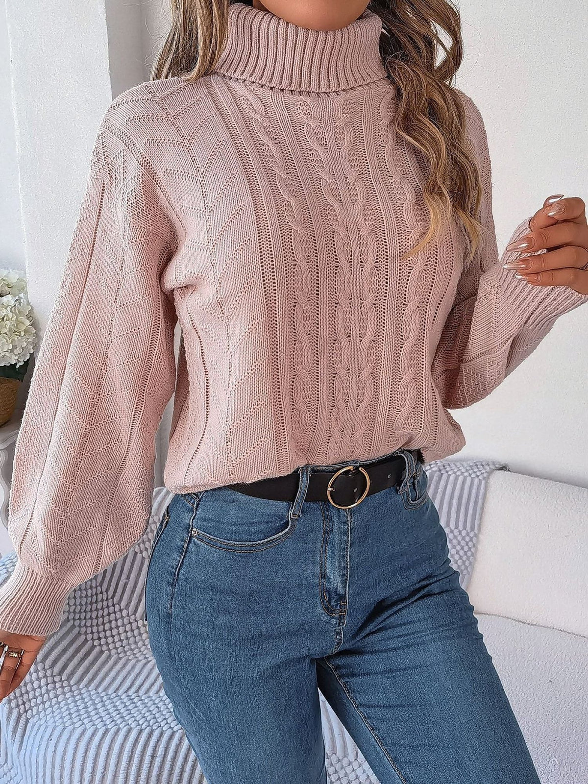 Women's Tuck-In Turtleneck Sweater with Raised Cable Detail