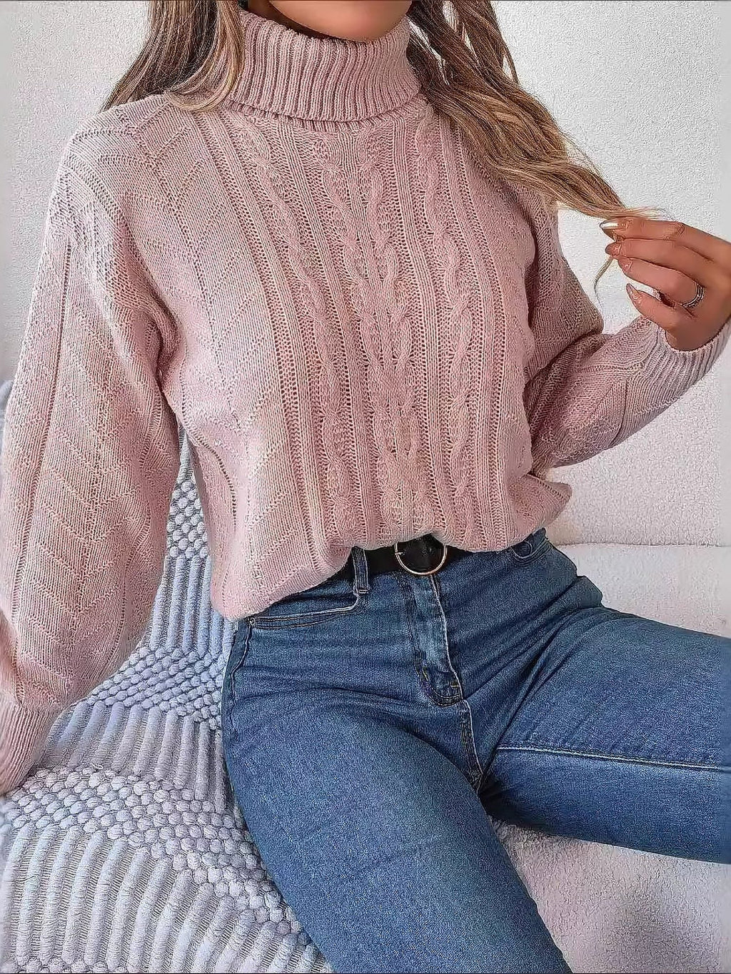 Women's Tuck-In Turtleneck Sweater with Raised Cable Detail - Pink