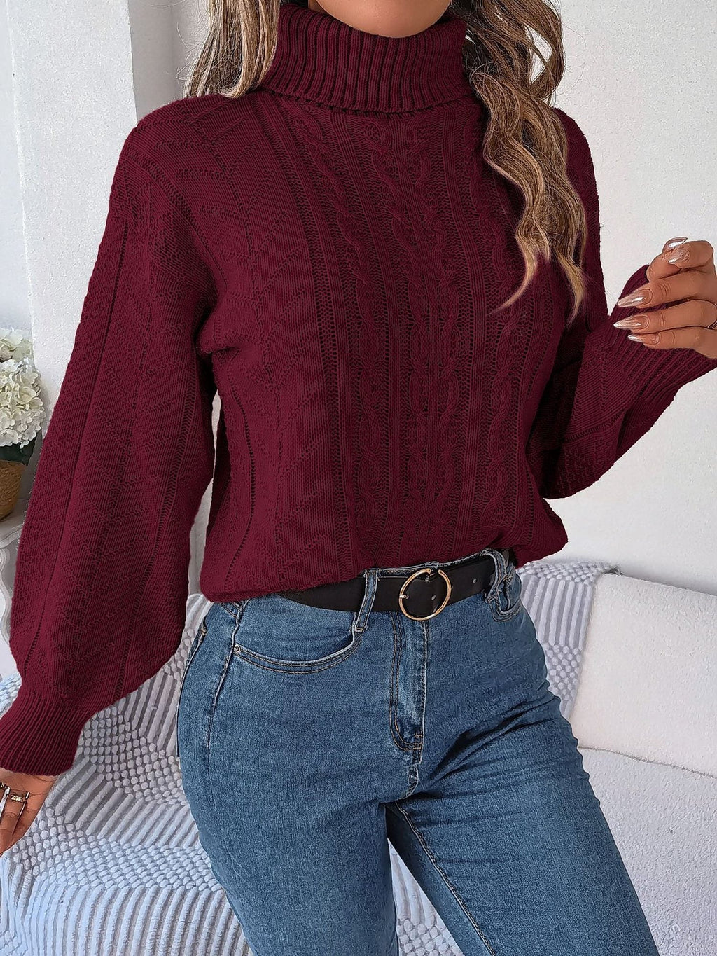 Women's Tuck-In Turtleneck Sweater with Raised Cable Detail
