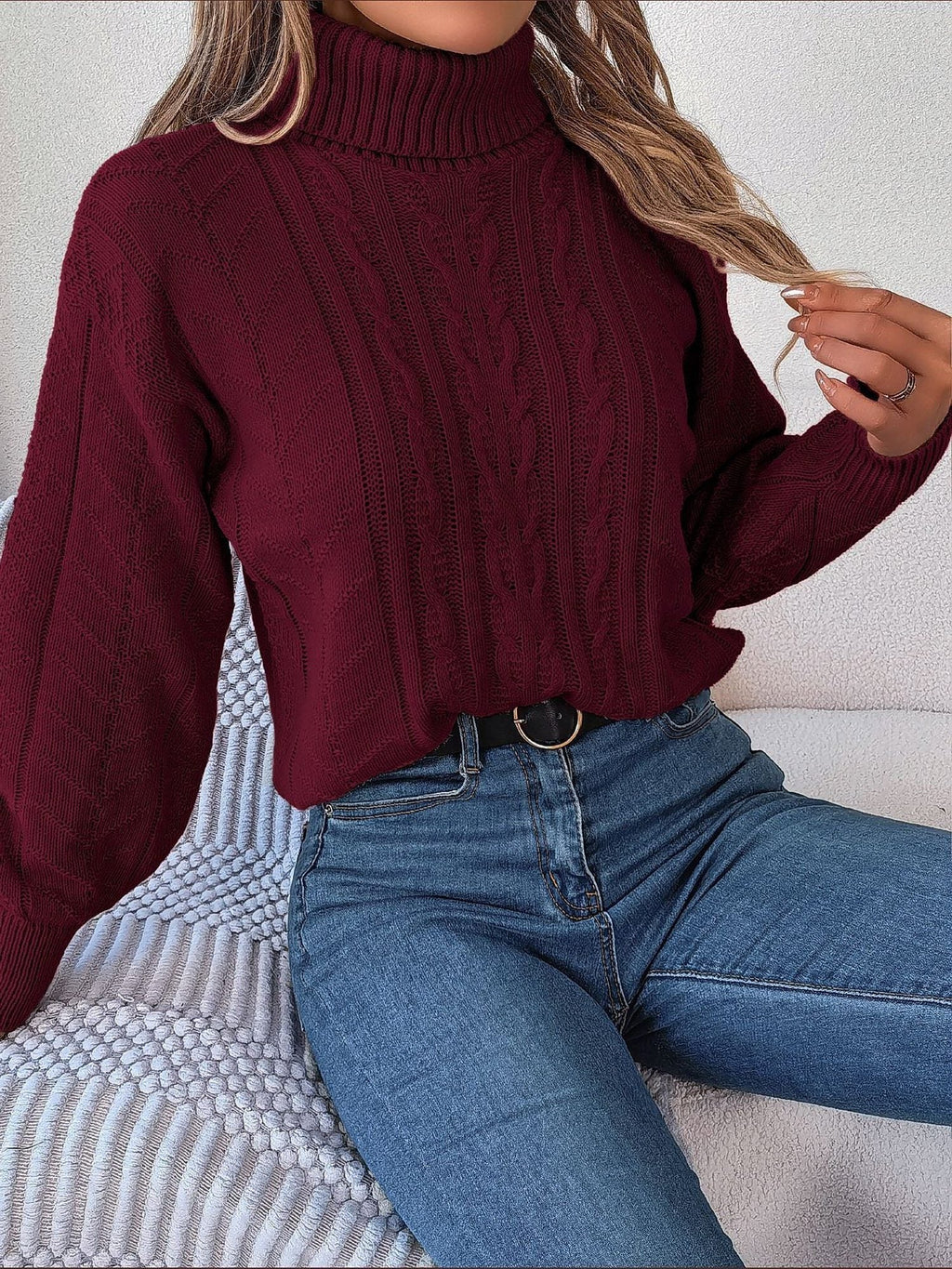 Women's Tuck-In Turtleneck Sweater with Raised Cable Detail