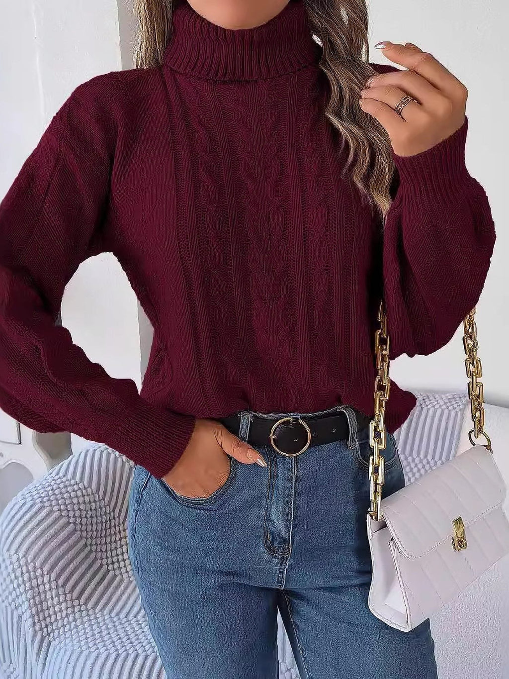 Women's Tuck-In Turtleneck Sweater with Raised Cable Detail