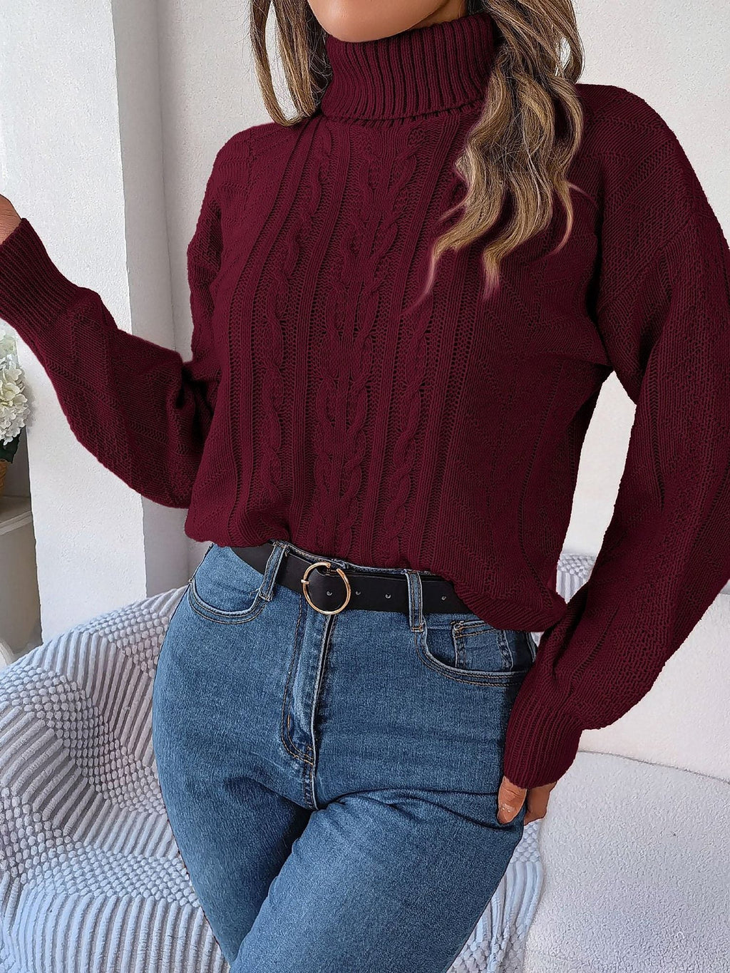 Women's Tuck-In Turtleneck Sweater with Raised Cable Detail