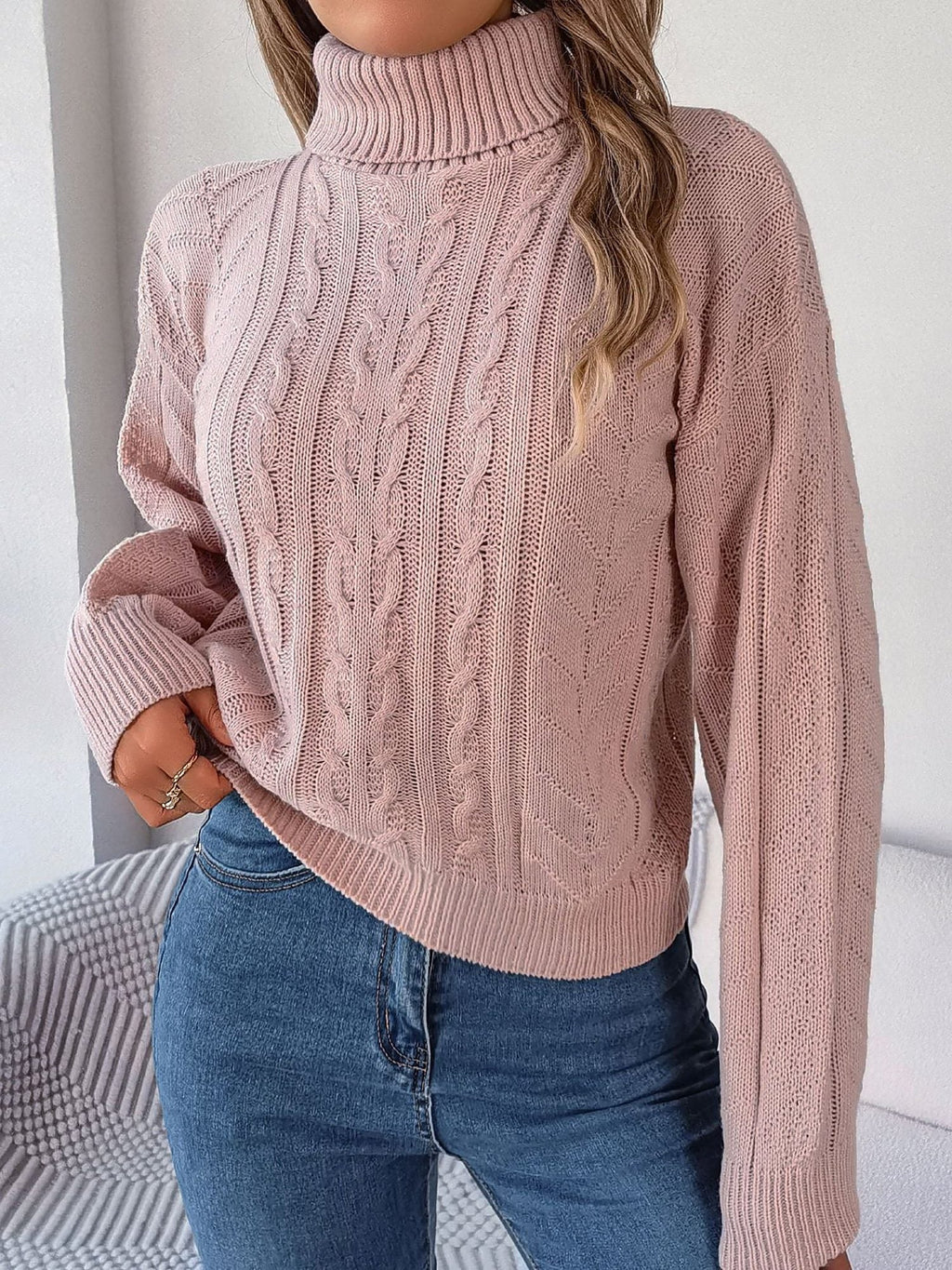 Women's Tuck-In Turtleneck Sweater with Raised Cable Detail