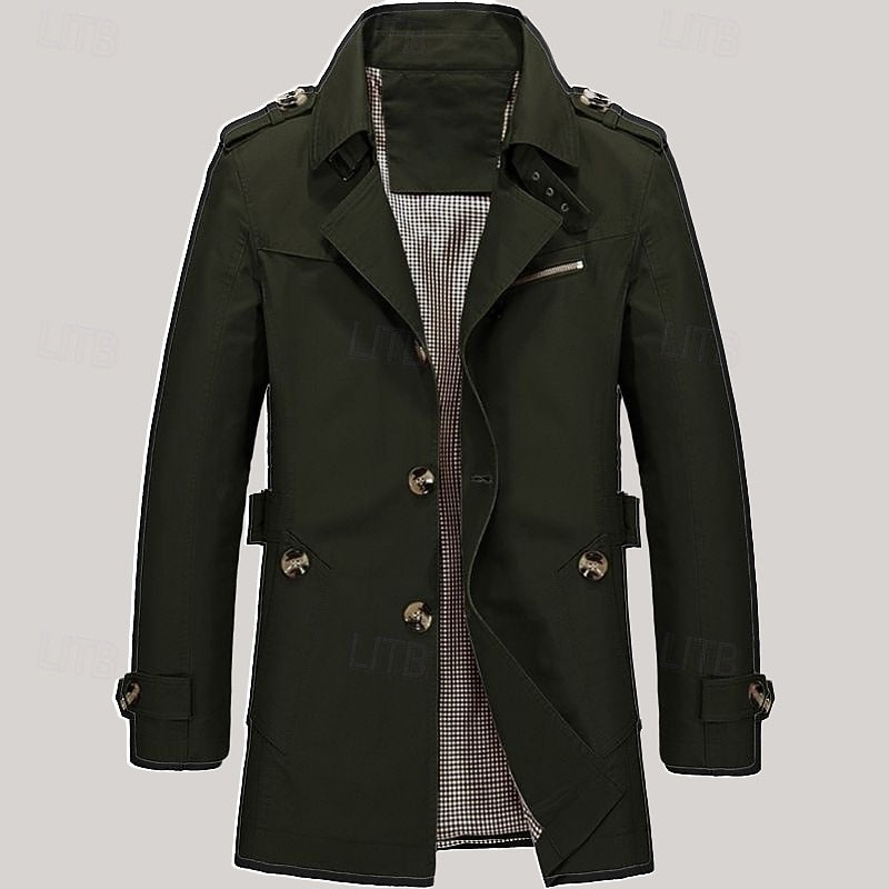 Men's Three-Season Trench Coat with Button Front and Lapel Collar