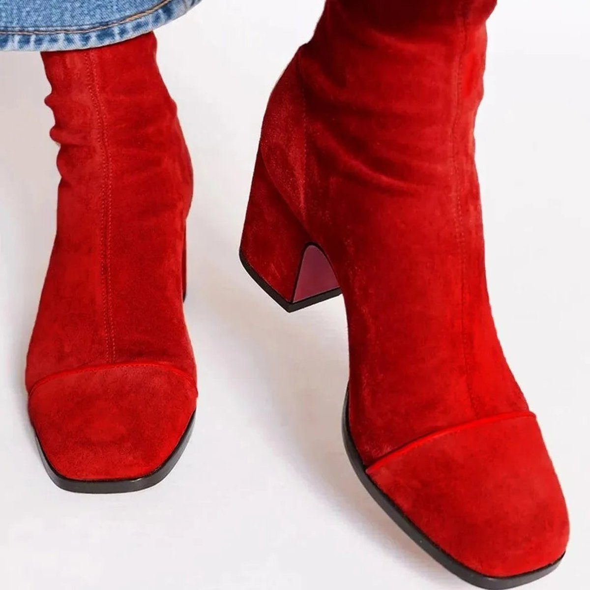 Women's Mixed-Texture Suede Ankle Booties with Animal Print Toe - Red