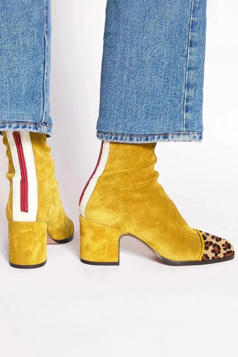 Women's Mixed-Texture Suede Ankle Booties with Animal Print Toe