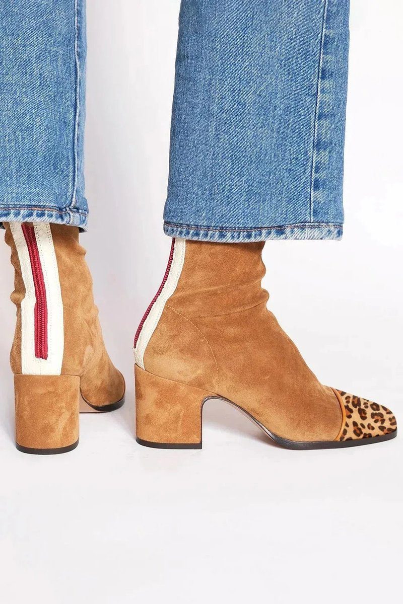 Women's Mixed-Texture Suede Ankle Booties with Animal Print Toe