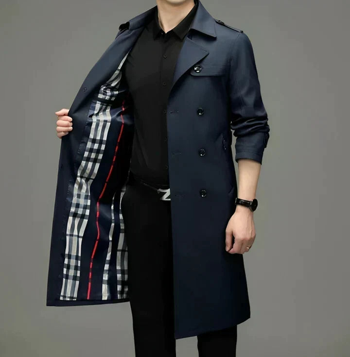 Men's Straight Longline Trench Coat with Shoulder Epaulettes - Navy Blue