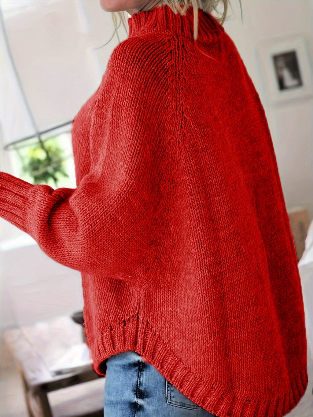 Women's Relaxed Thick Cable-Knit Sweater with Tall Neck