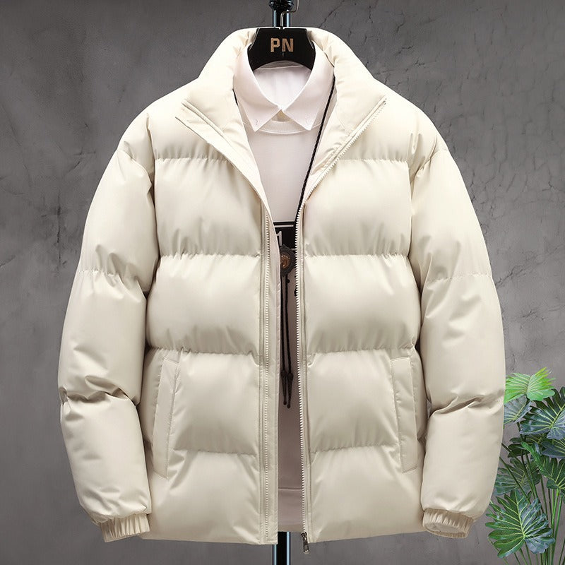 Men's Thick Padded Zip-Up Puffer with Soft Lining and Side Pockets - Cream